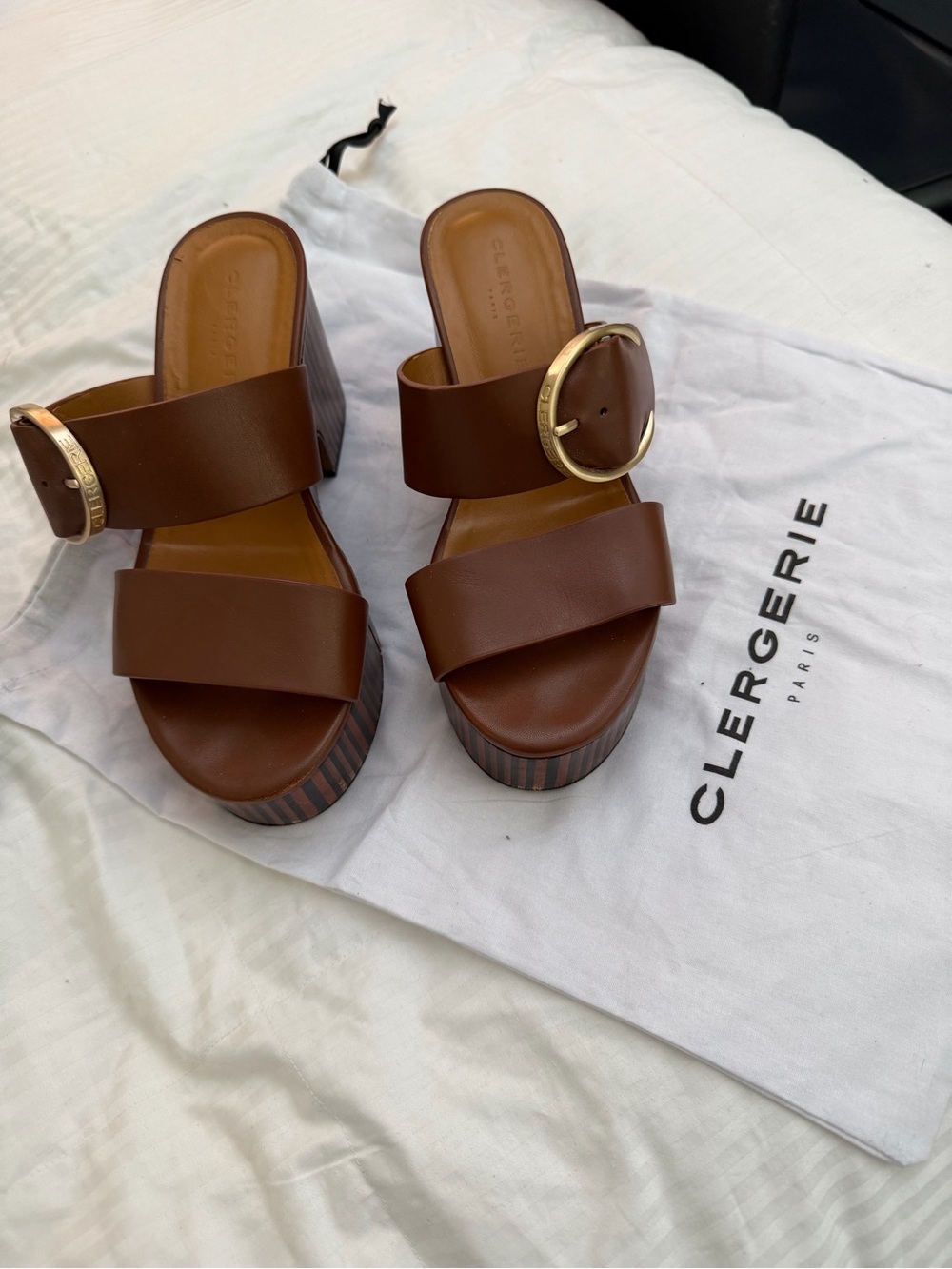 Robert Clergerie Brown Leather Platform Slide Sandals with Gold Buckle Accent